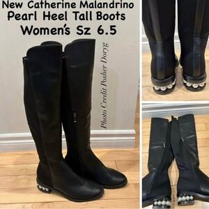 New Catherine Malandrino Black Over-the-Knee Boots with Pearl-Embellished Heel